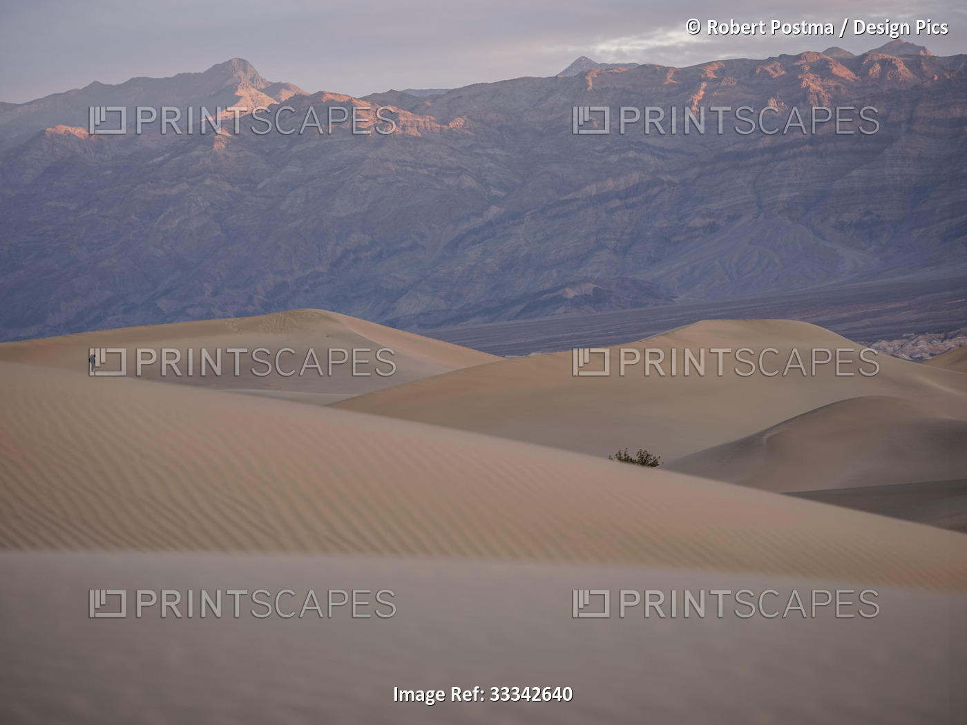 Sand dunes drifting in the foreground with a cloudy sky at sunset over the ...