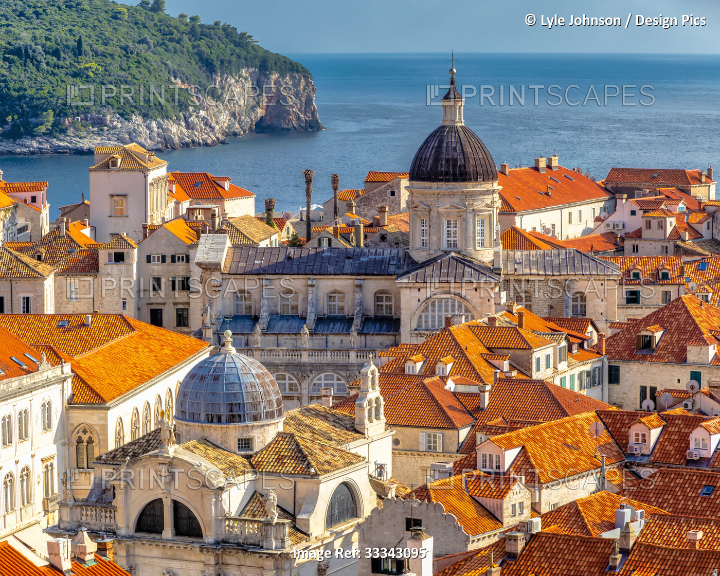 Skyline of Dubrovnik and the coastline along the Adriatic Sea with the dome and ...