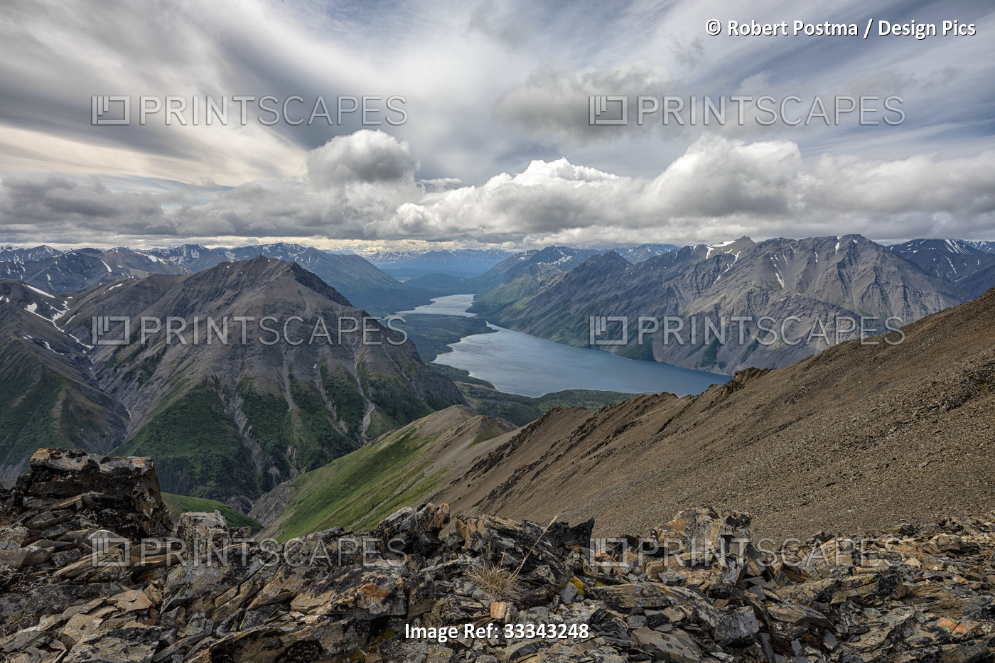 Vast landscape with lakes and mountains in Kluane National Park and Reserve; ...