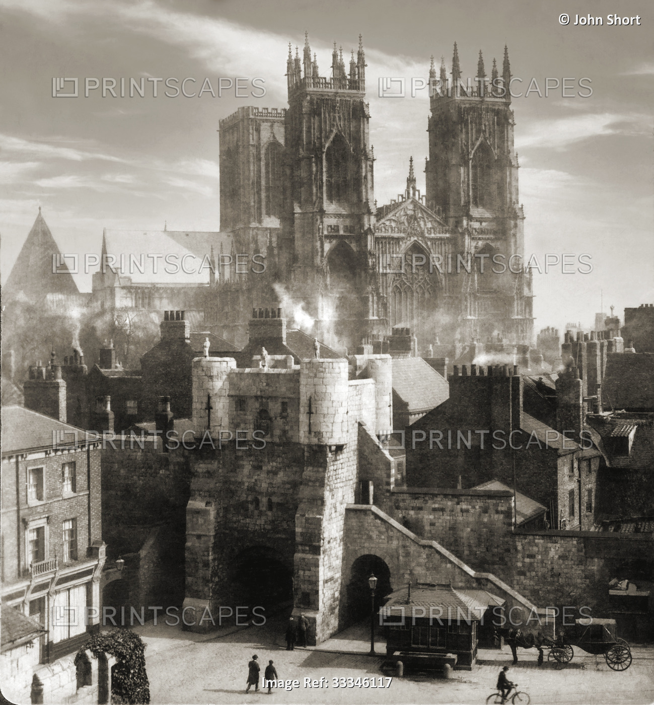 Historic image in sepia of York Minster Cathedral in the background and a ...