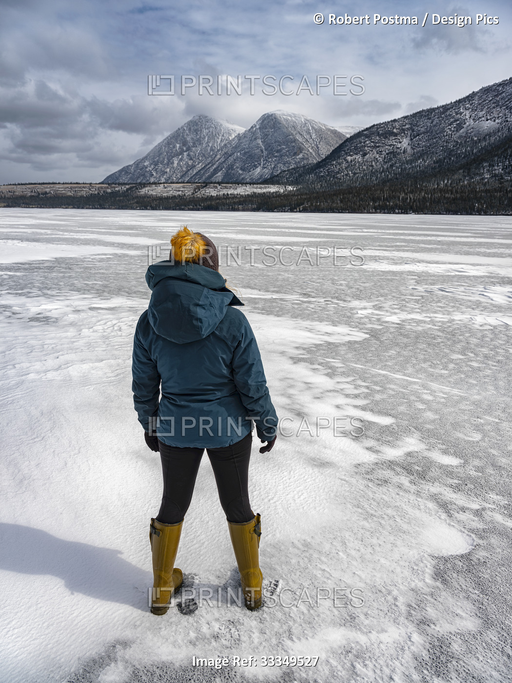 View taken from behind of a woman traveler standing on the frozen Kusawa Lake ...