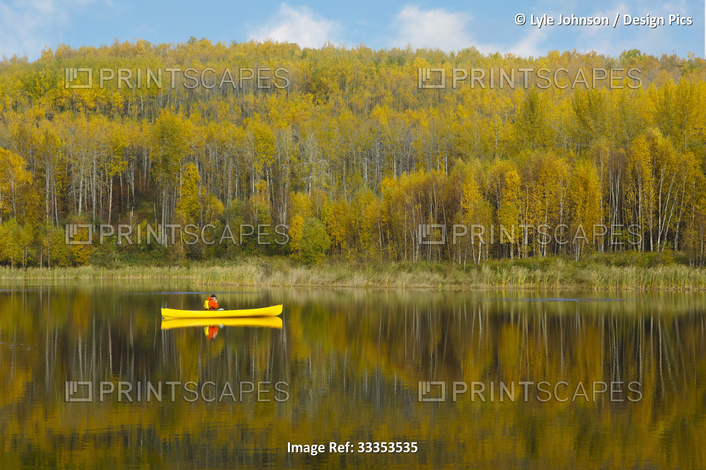 Canoeing on tranquil Chickakoo Lake in autumn; Alberta, Canada