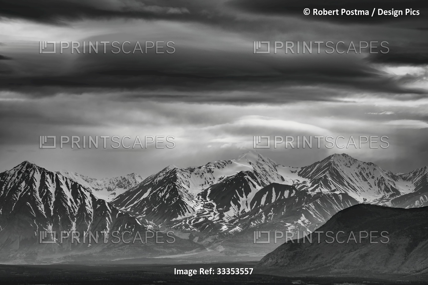 Black and White image of the front ranges of Kluane National Park and Reserve ...
