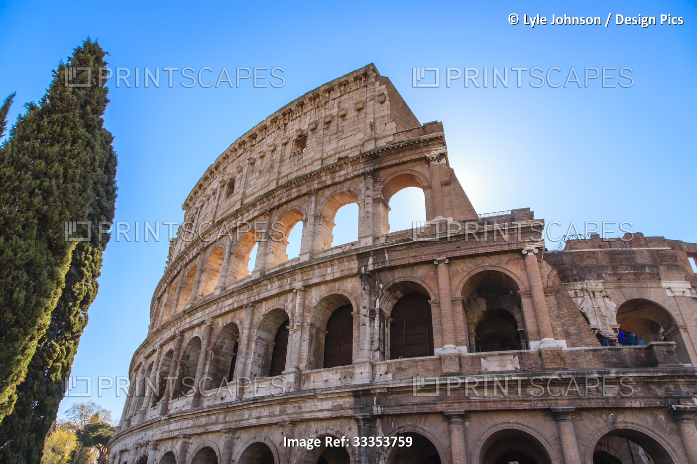 Close-up view of the iconic Colosseum against a blue sky; Rome, Lazio, Italy