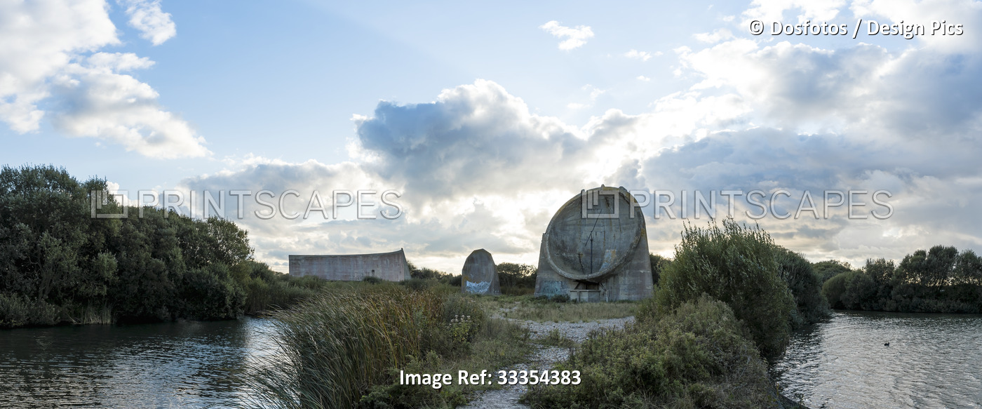 Scenic view of the large concrete remnants of the Denge Sound Mirrors known as ...