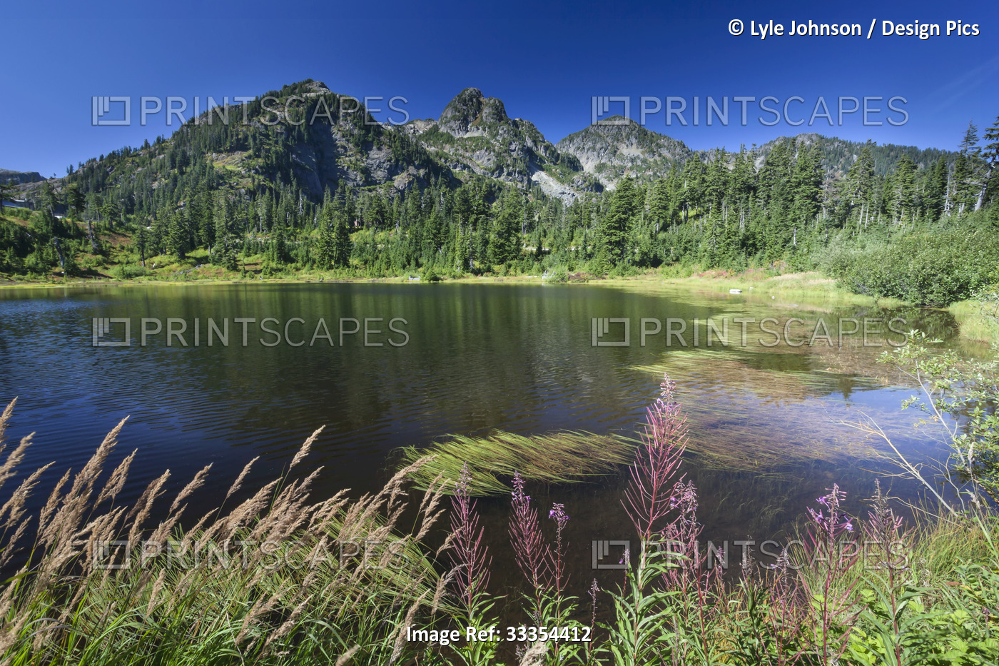 Mountains reflected in a tranquil lake in Mount Baker National Recreation Area; ...
