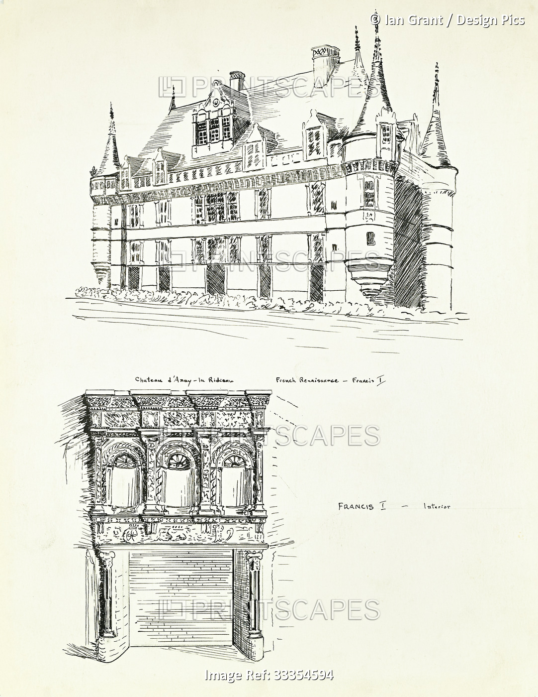 Drawing of Chateau d'Azay-la-Rideau; Azay-le-Rideau, Indre-et-Loire, France