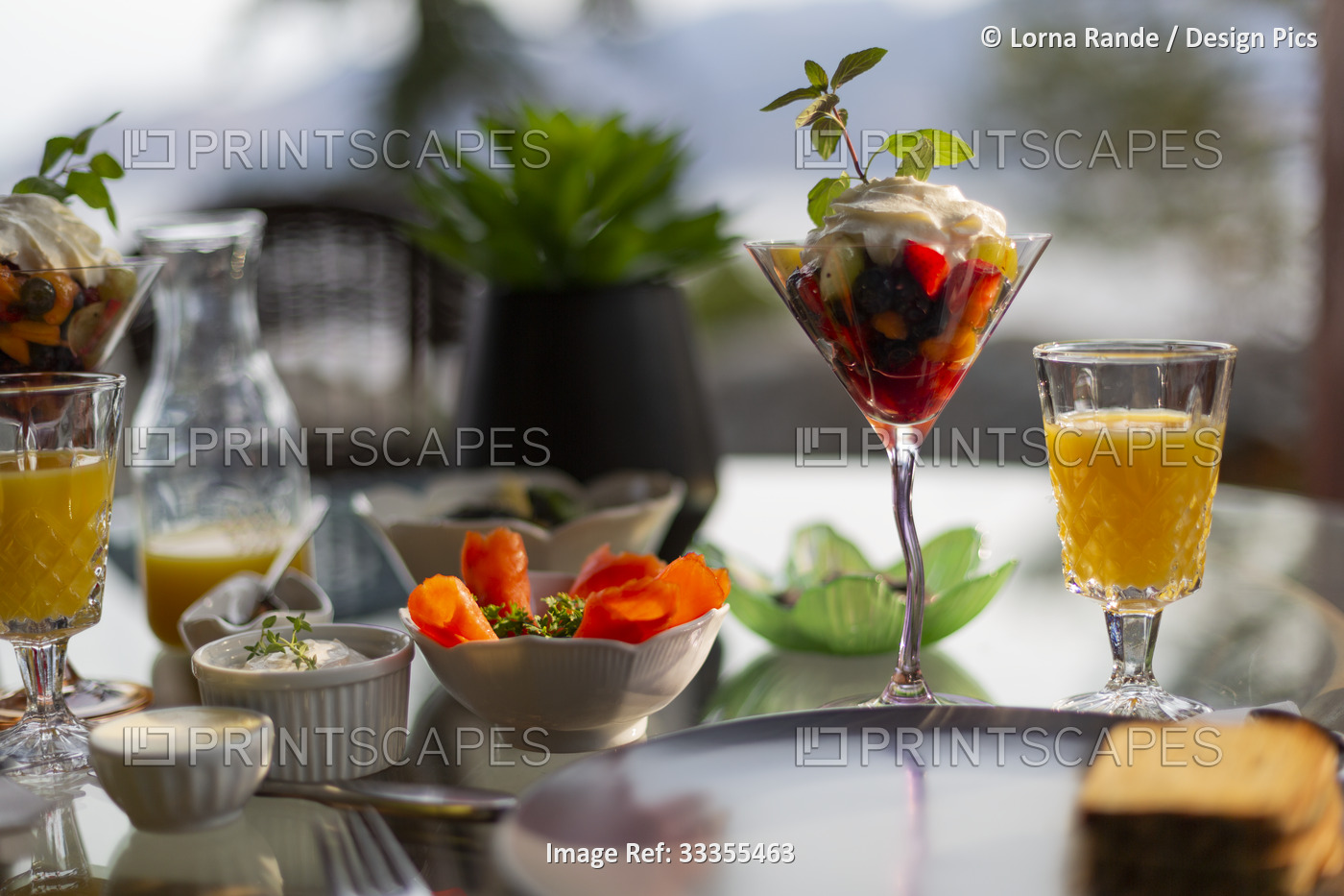 Breakfast served with stemmed glasses and colourful food items at Pineacre on ...