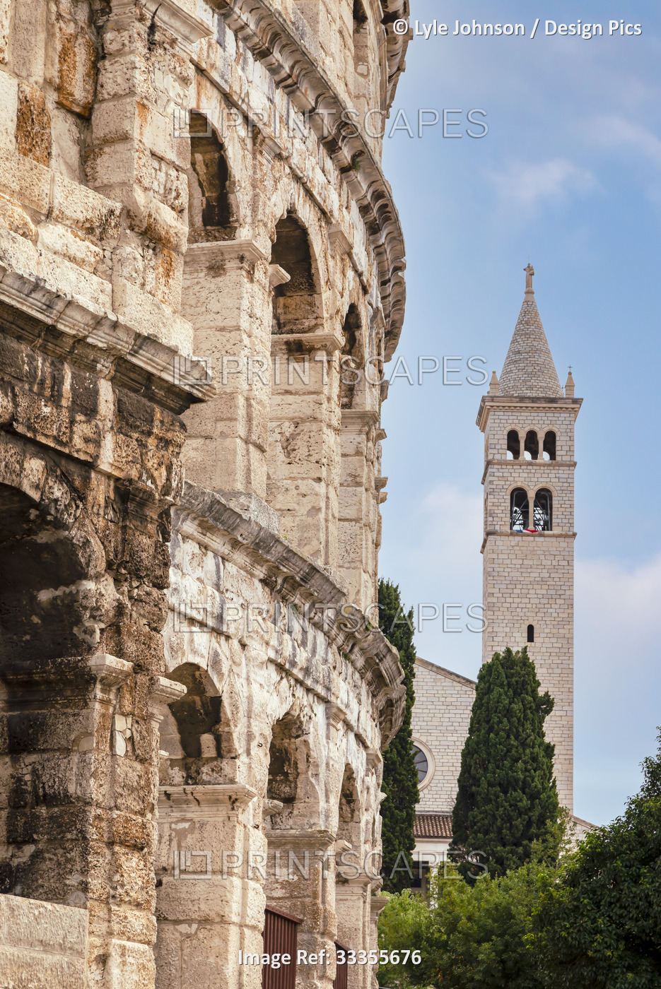 The Pula Arena, 1st Century, Roman Amphitheatre and the bell tower of the ...
