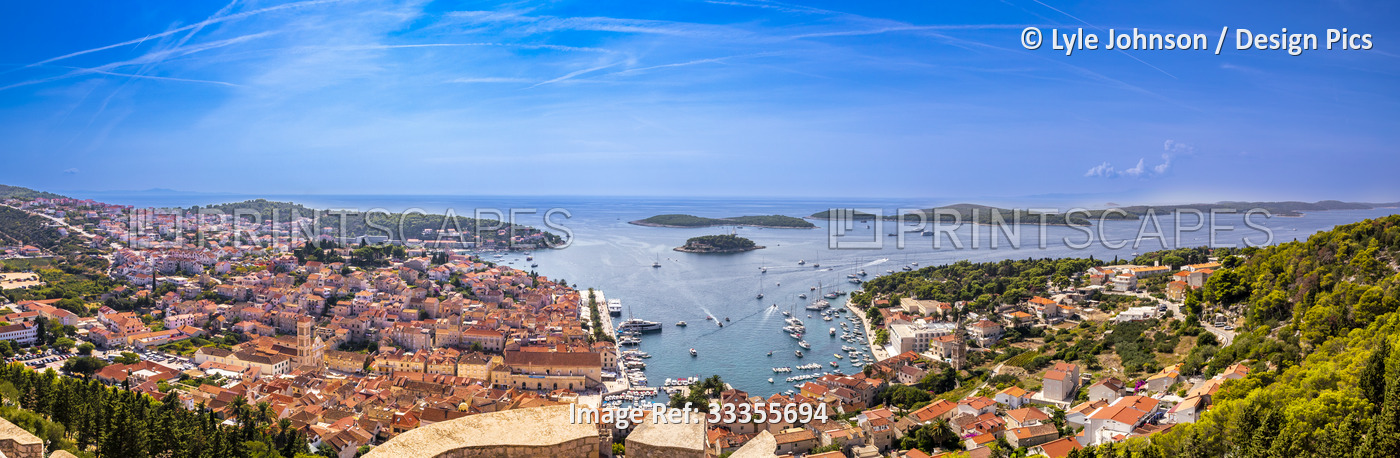 Panoramic view of the island and city of Hvar and Adriatic Sea from the Spanish ...