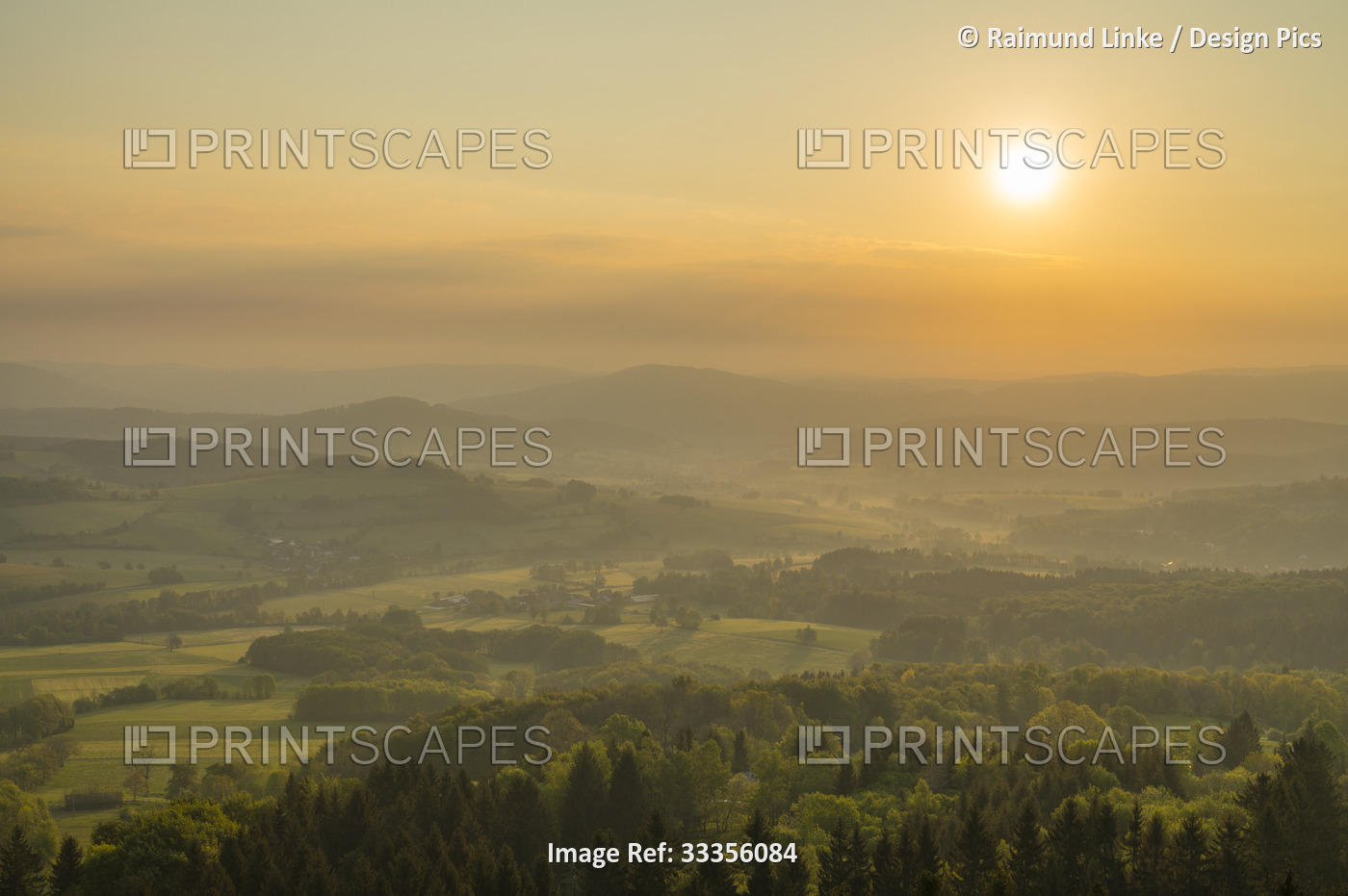 View from Milseburg mountain at sunrise; Hofbieber, Rhon, Hesse, Germany