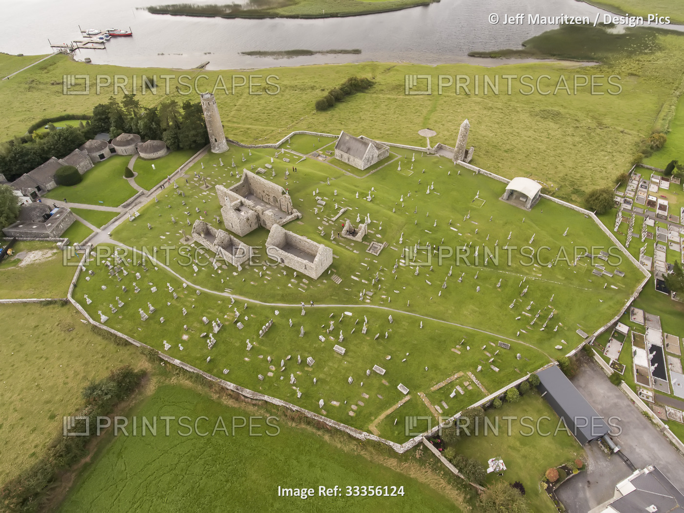 Aerial overview of the Clonmacnoise Monastic Site, showing the Visitor Center ...