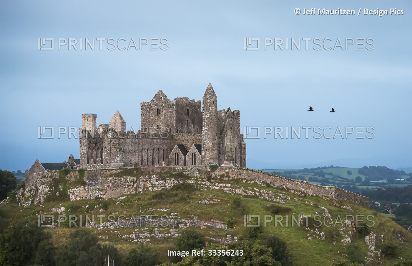 The ancient Rock of Cashel on the hilltop with two birds flying against the ...