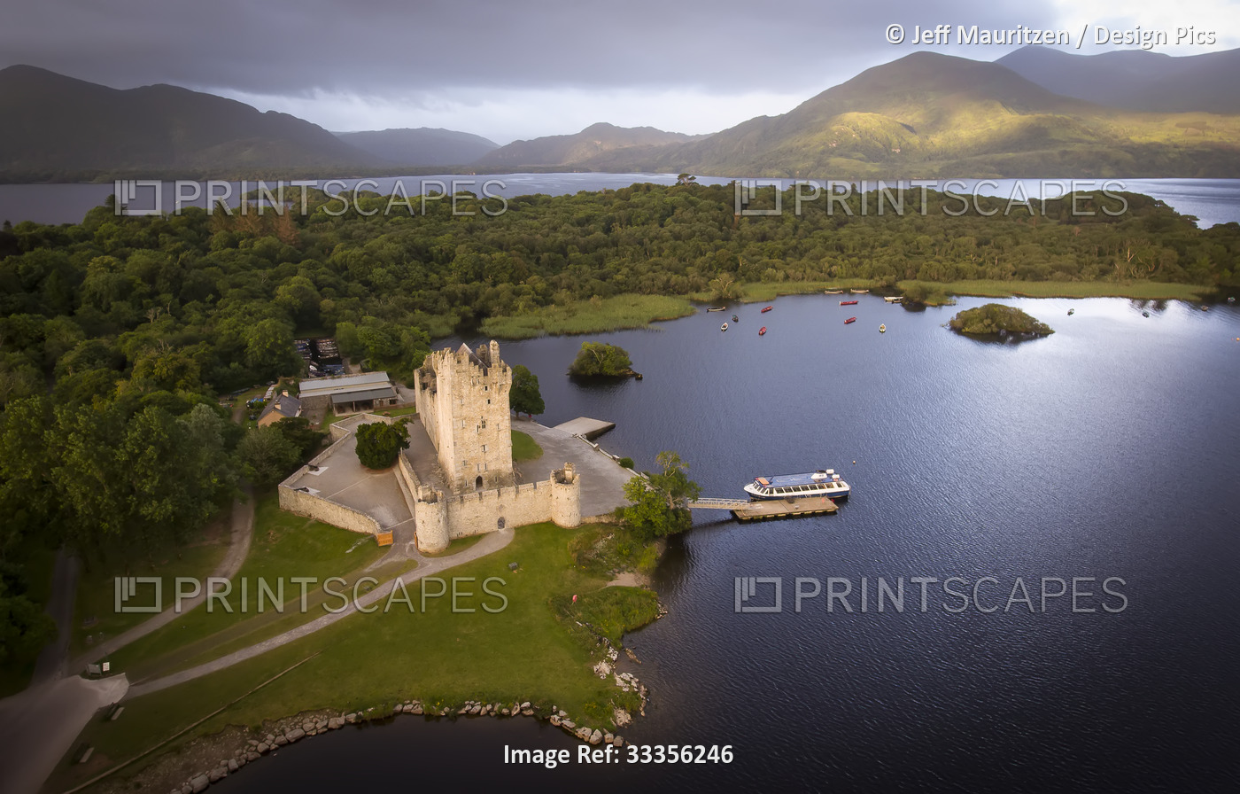 Aerial view of Ross Castle on an inlet of Lough Leane in Killarney National ...