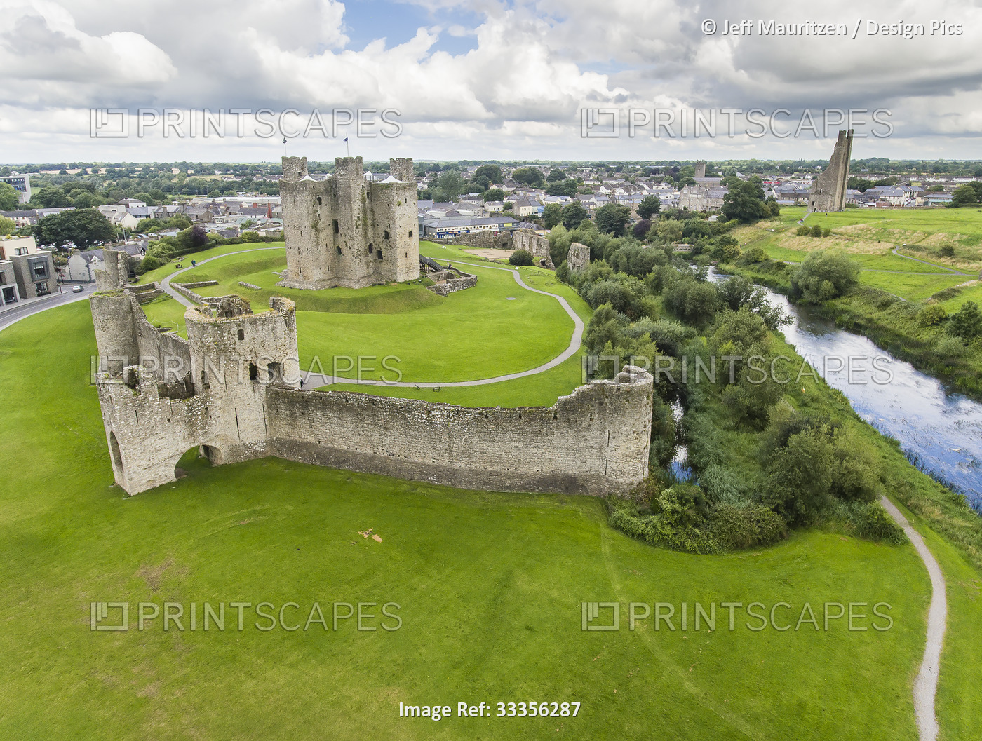Aerial view of Trim Castle and the surrounding grounds along the River Boyne ...