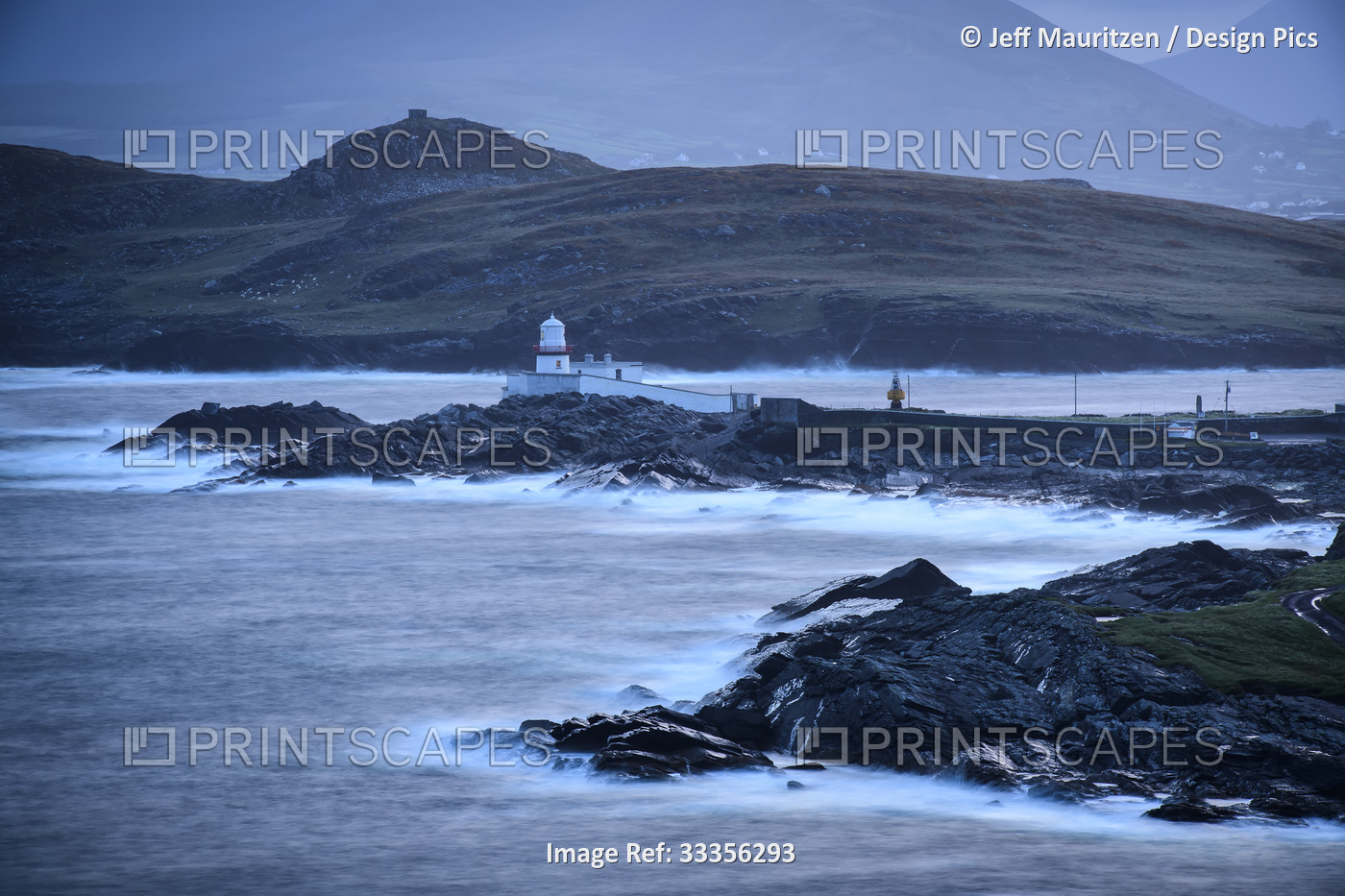 Waves breaking in predawn hours at Valentia Island Lighthouse on Cromwell ...