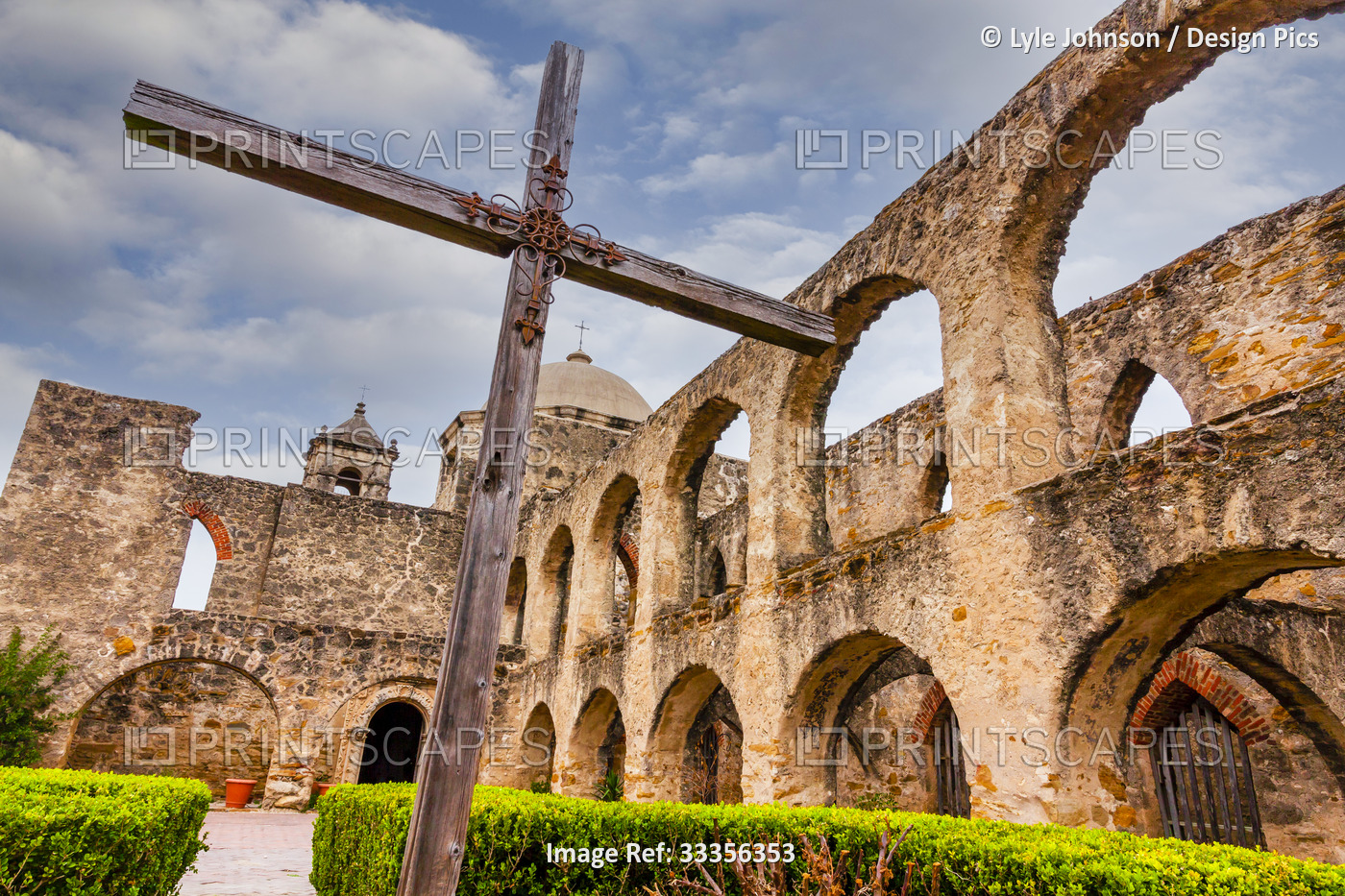 Old wooden cross and remains of the historical Franciscan, Mission Conception ...