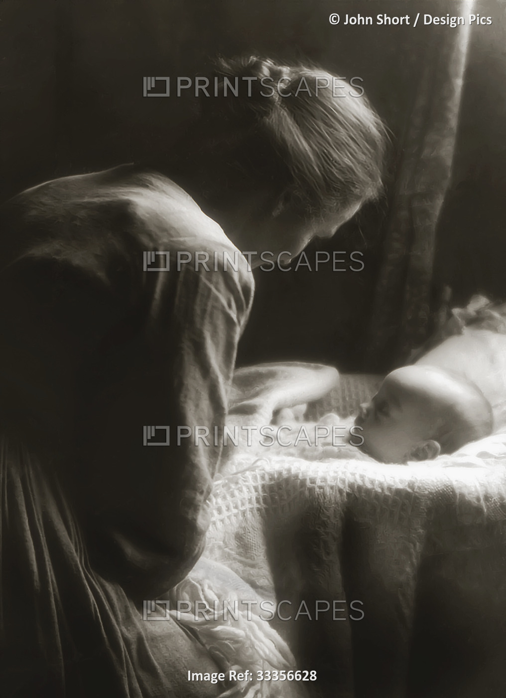 Mother with infant in cradle at bedtime, soft lighting from Victorian or ...