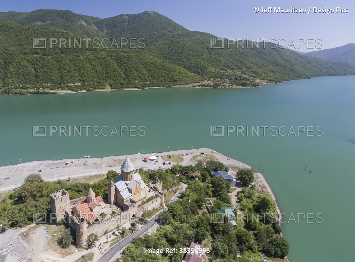 Aerial view of the Ananuri Fortress Complex situated on the banks of the Aragvi ...
