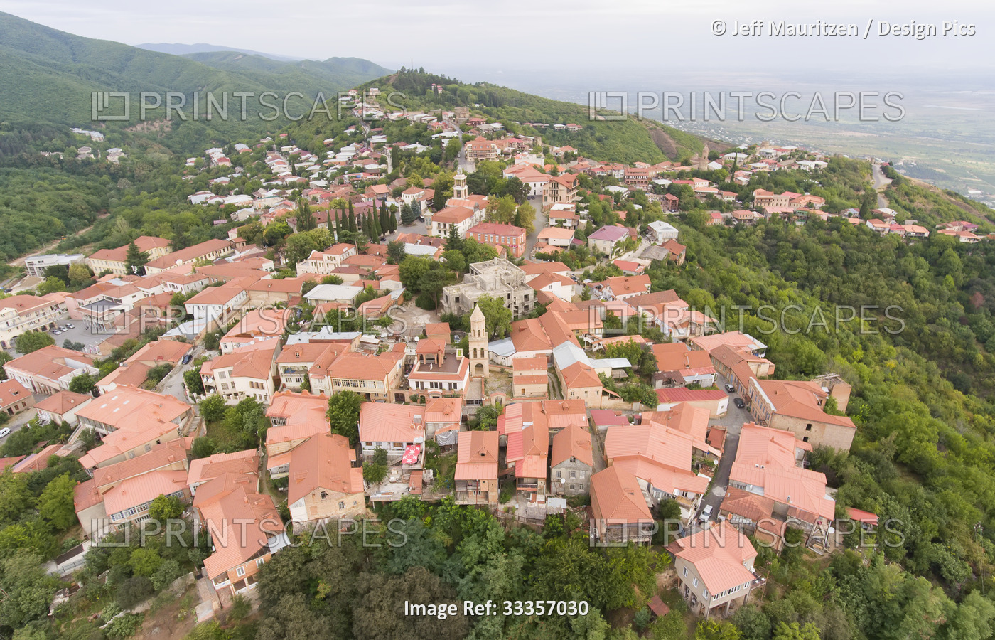 Aerial view of the historic mountainside town of Signagi with its red, clay ...