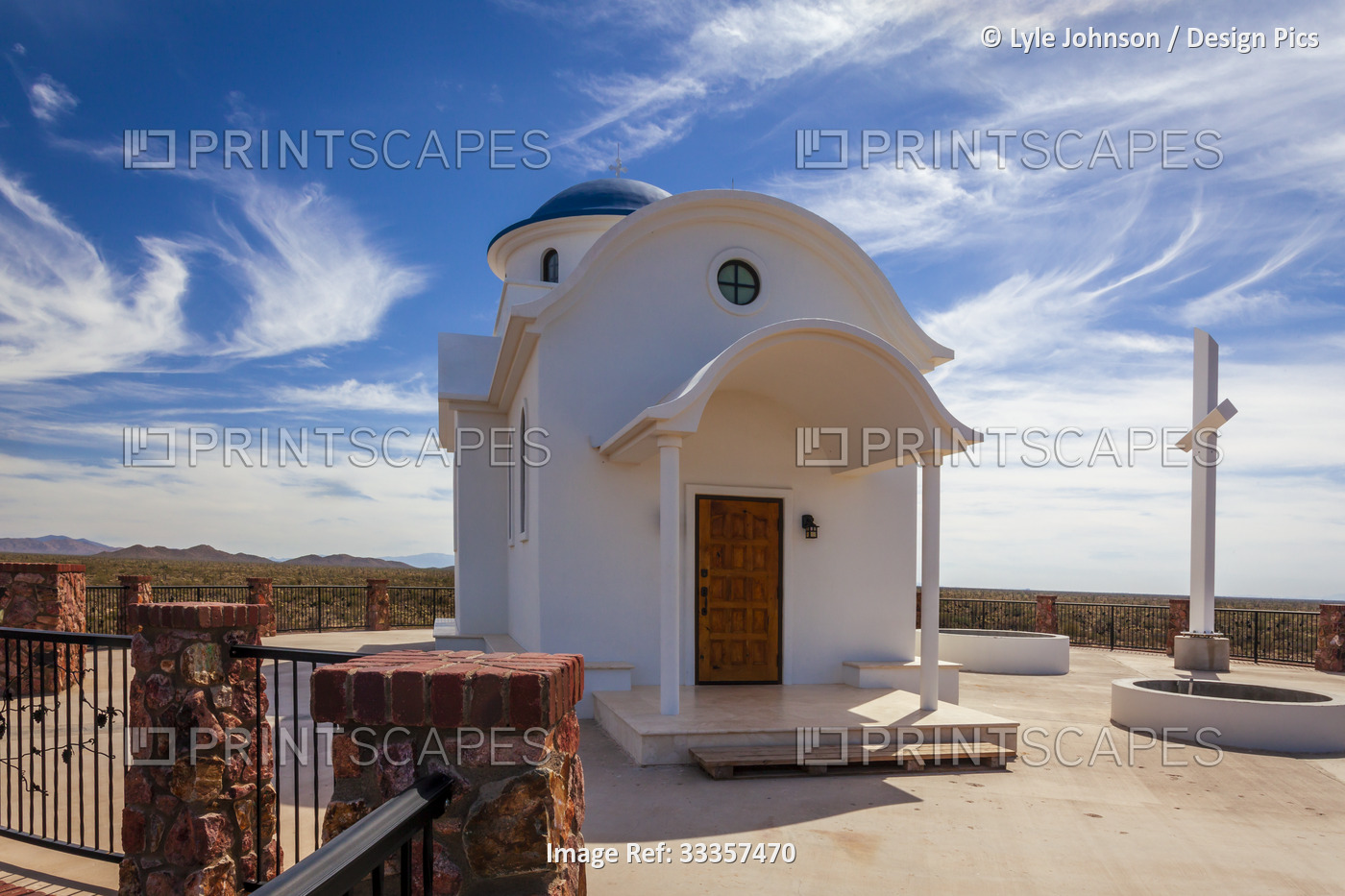 Entrance to the traditional Greek architecture of the hilltop church of The ...