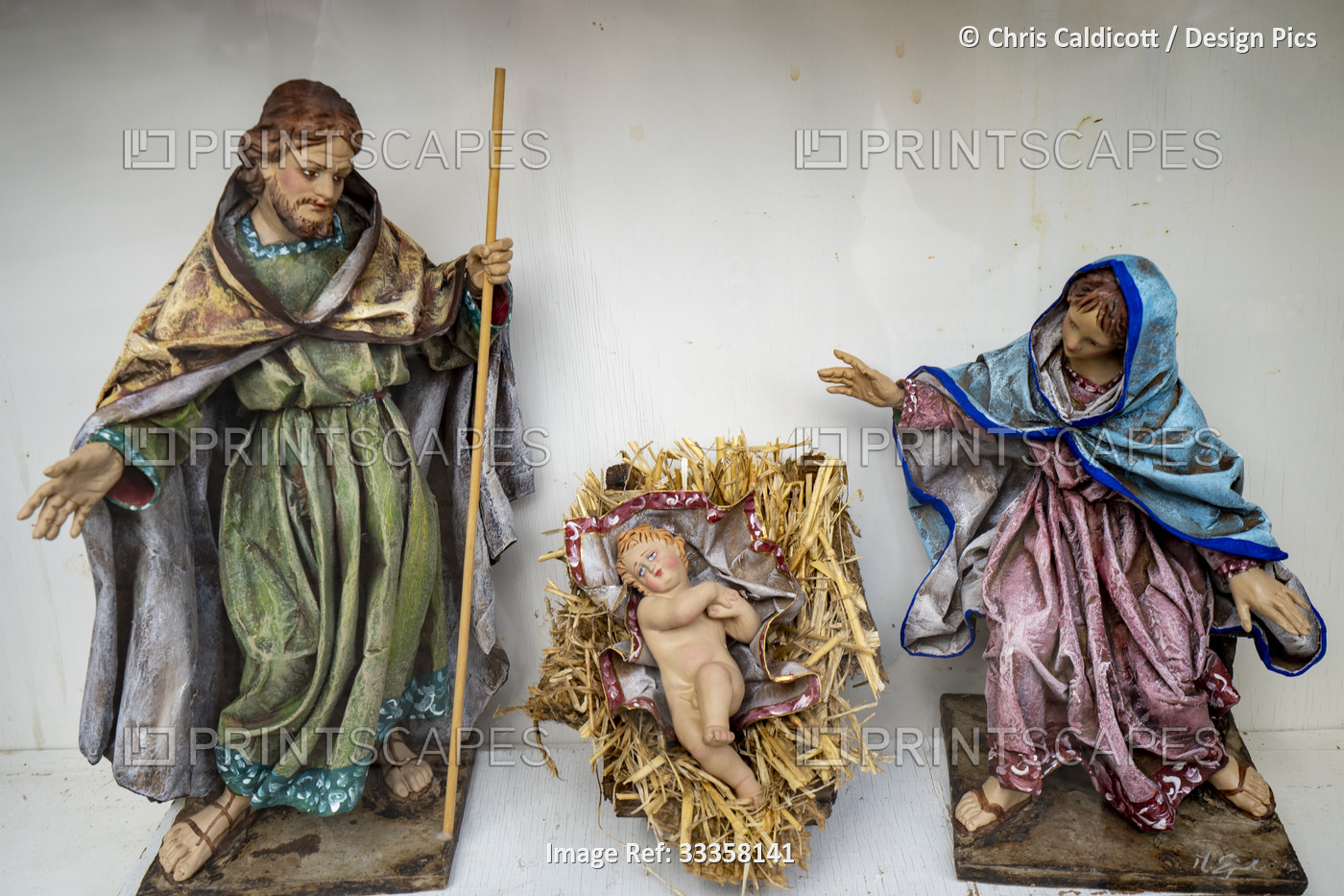 Sculpted religious figures of the Holy Family Nativity Scene, in the Historic ...