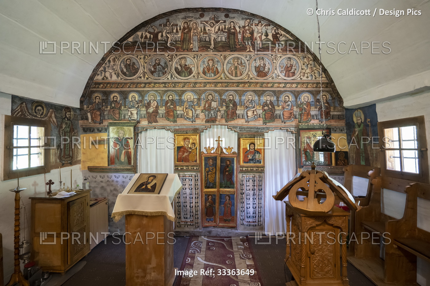 Interior of St Parascheva Orthodox Christian Wooden Church; Sub Piatra, ...