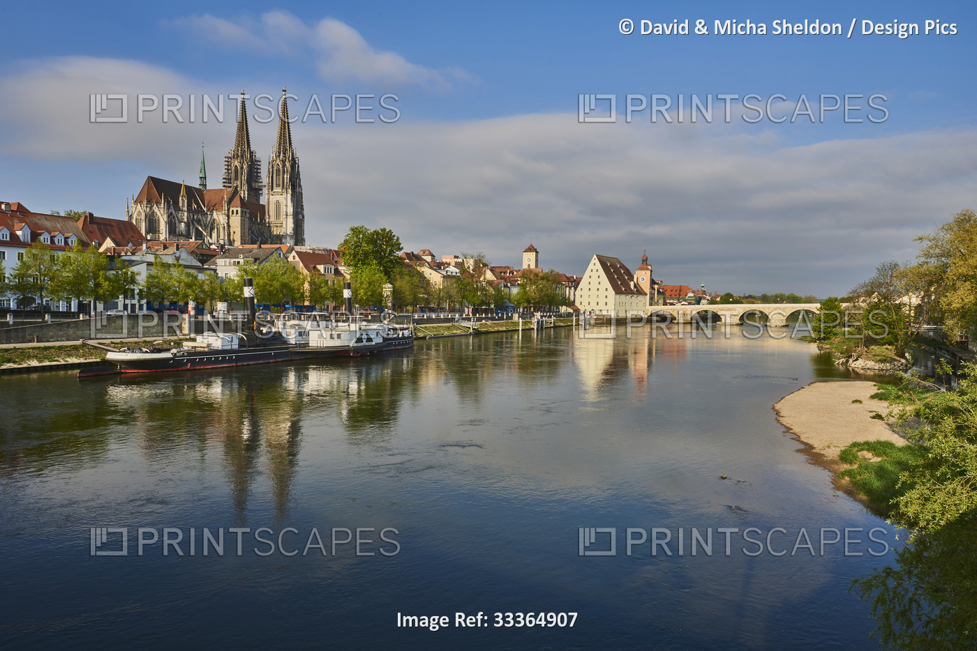 Outlook over the Danube River with the old, 12th Century Stone Bridge in the ...