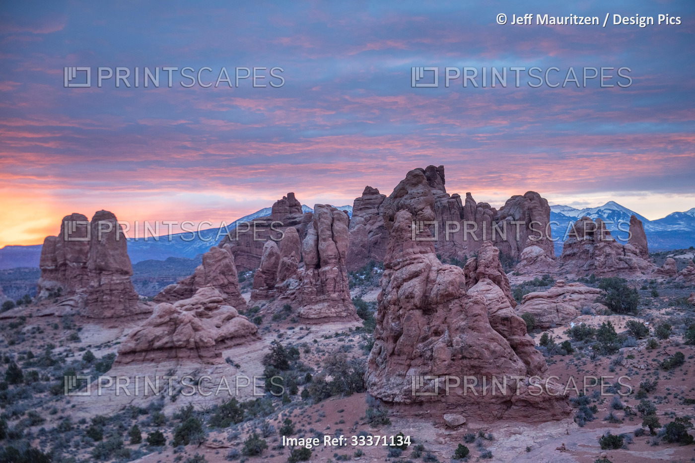 Sunrise in winter at Arches National Park, Utah.