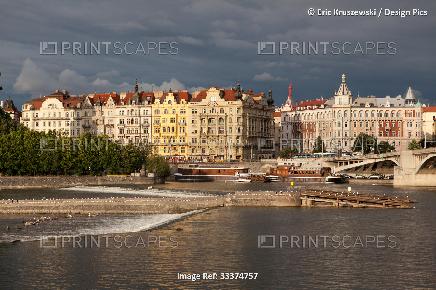 From the Vltava River, a view of The Old Town in Prague.; Old Town, Prague, ...