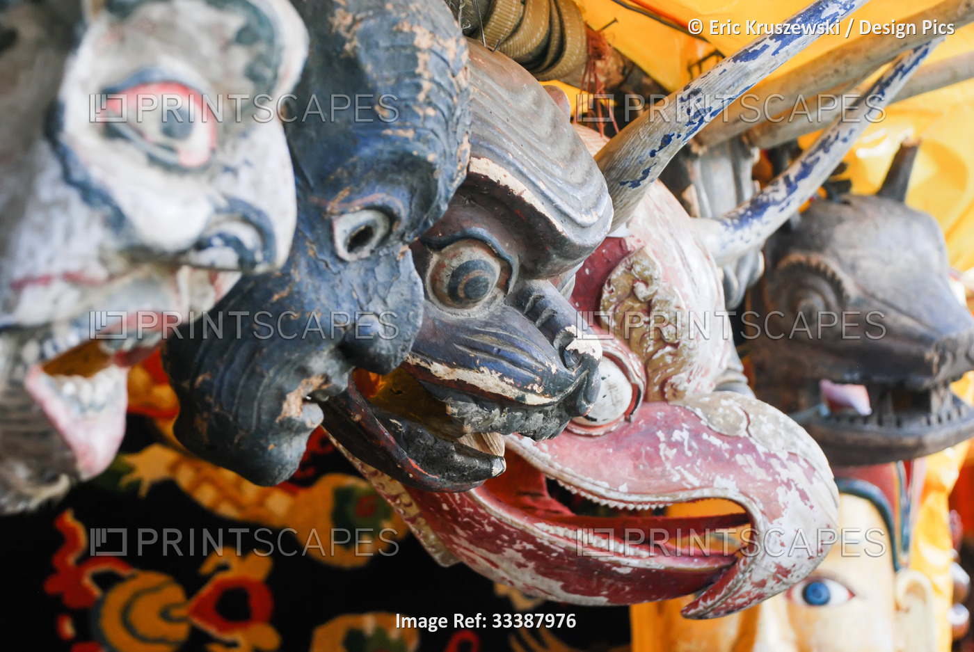 Masks used in the Paro Tshechu Festival hang beneath a tent.; Paro, Bhutan