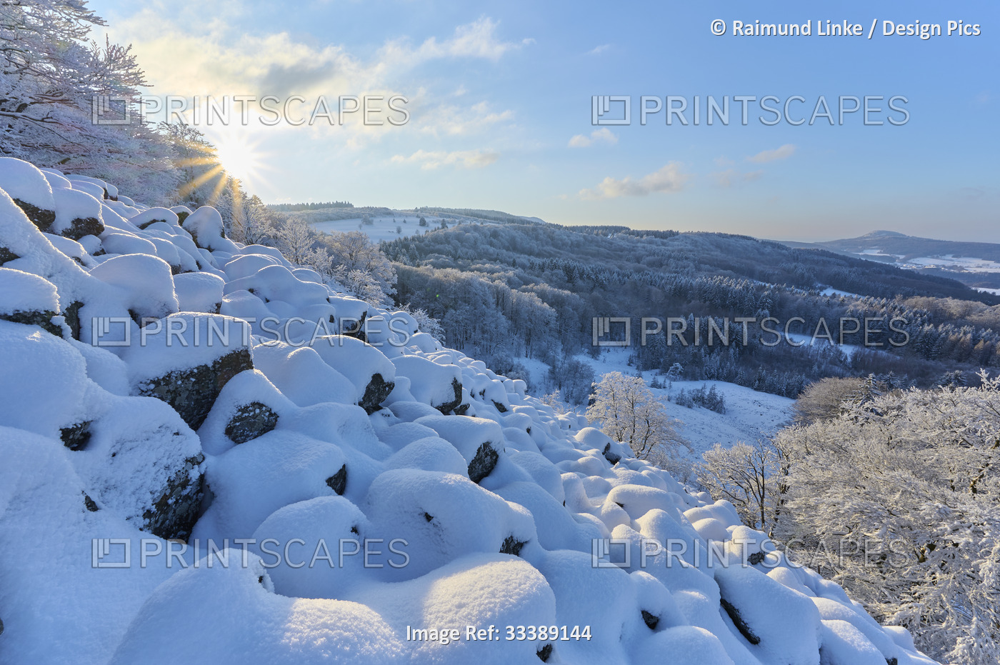 Landscape with granite stone field, Basaltblockmeer, in winter, Schafstein ...