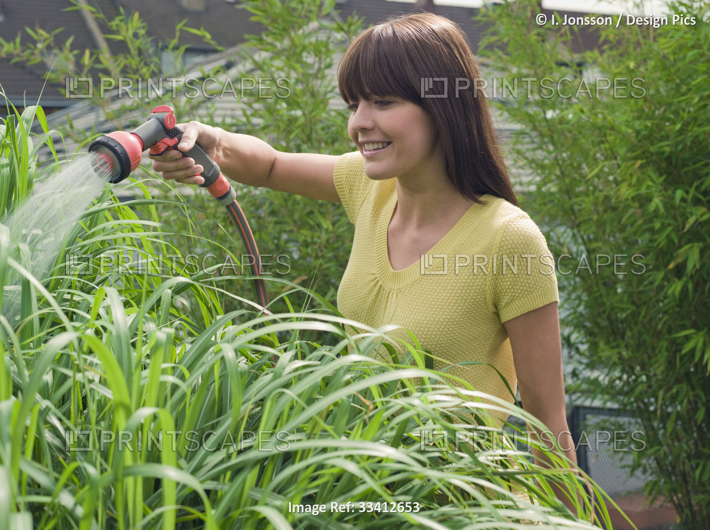 Young woman watering plants with garden hose on terrace in her garden; Germany