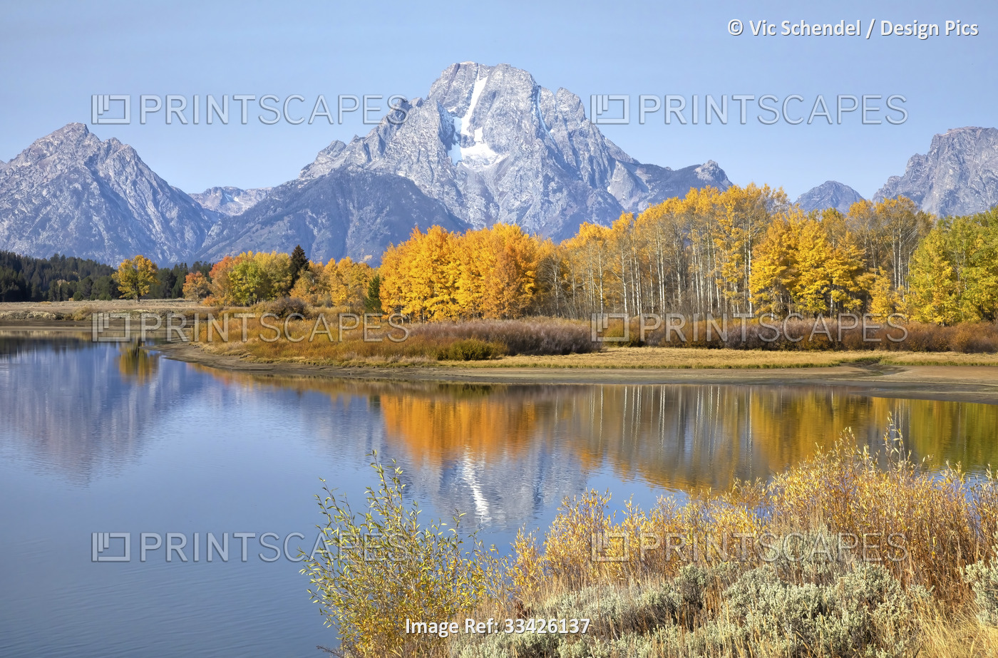 The Grand Tetons in Grand Teton National Park reflecting fall colors in the ...