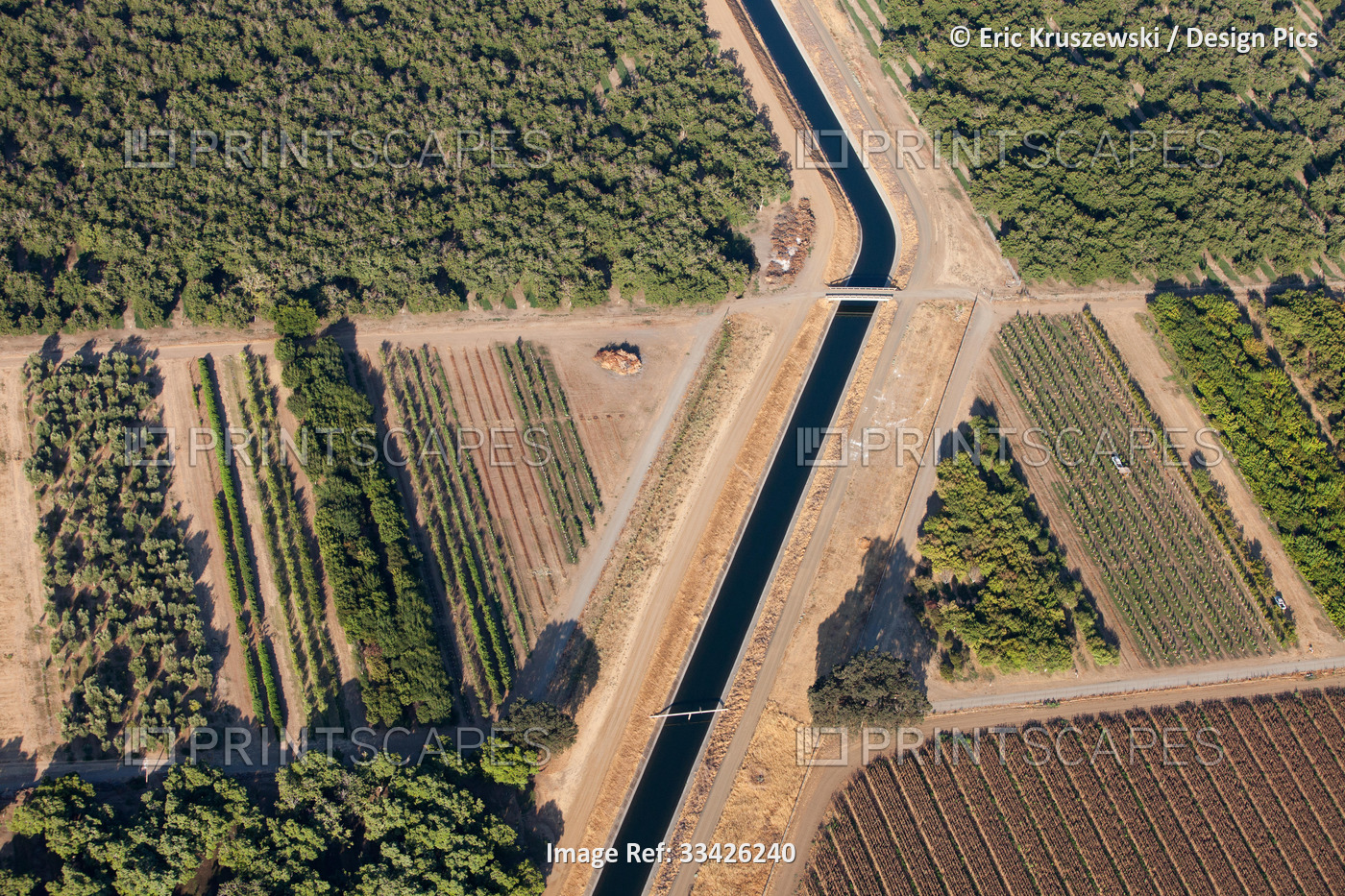 An aerial view over agricultural fields, vineyards and a water irrigation canal ...