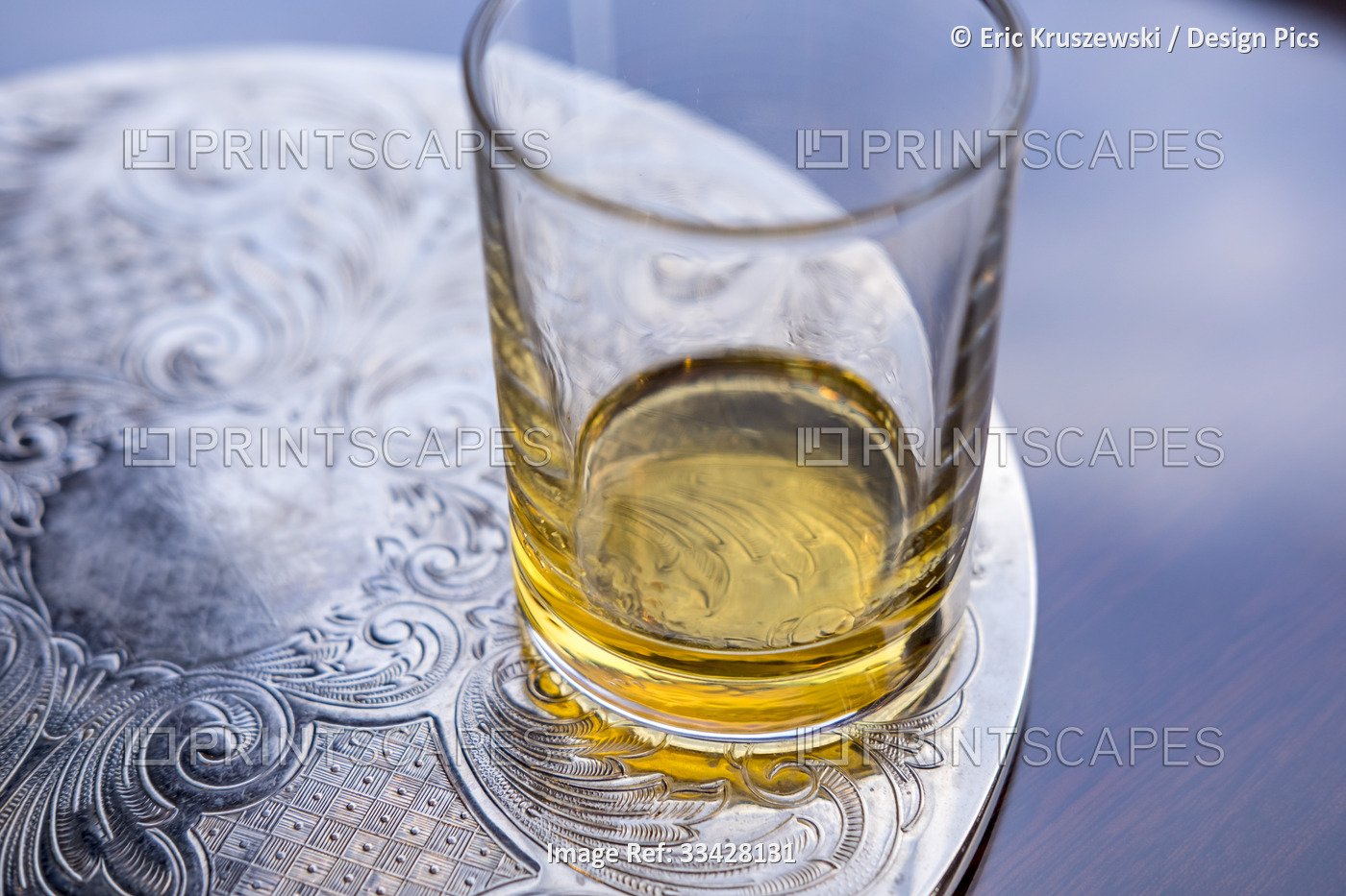 A glass of Scottish whisky rests on a table during a tasting; Fort Augustus, ...