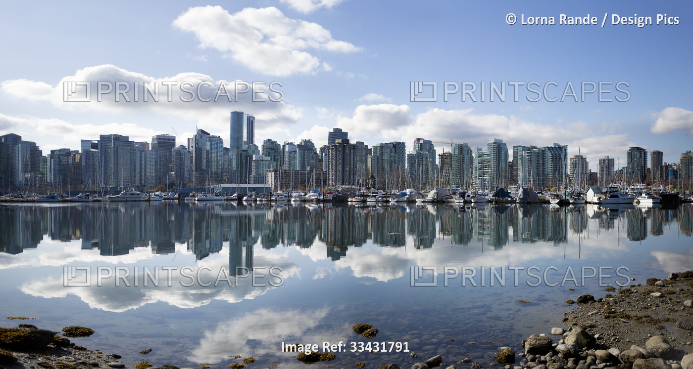 Cityscape view of the coastal city of Vancouver, Canada during the day; ...
