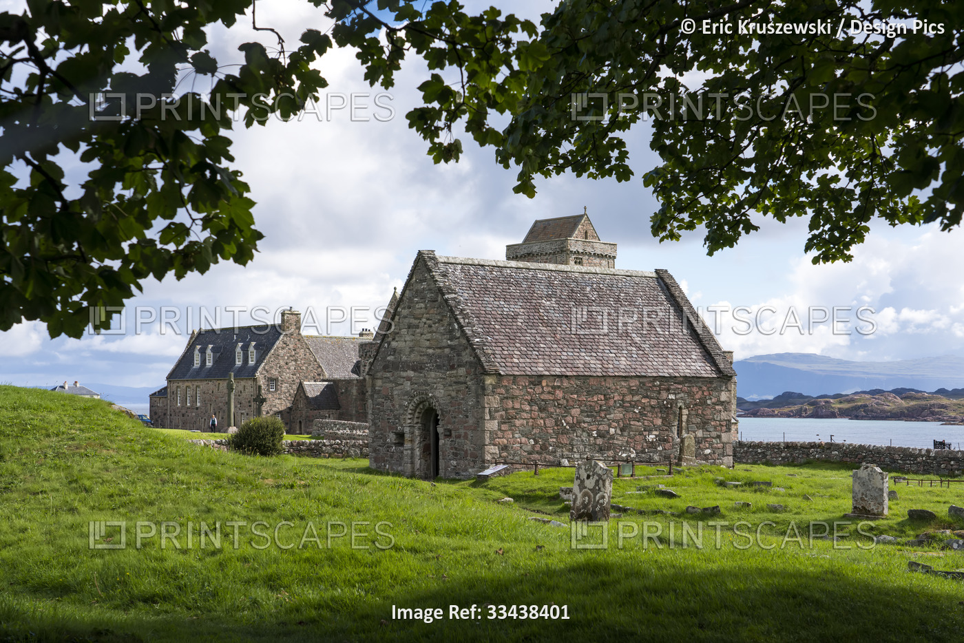 A small church sits in the cemetery of the Benedictine Abbey on Isle of Iona, ...
