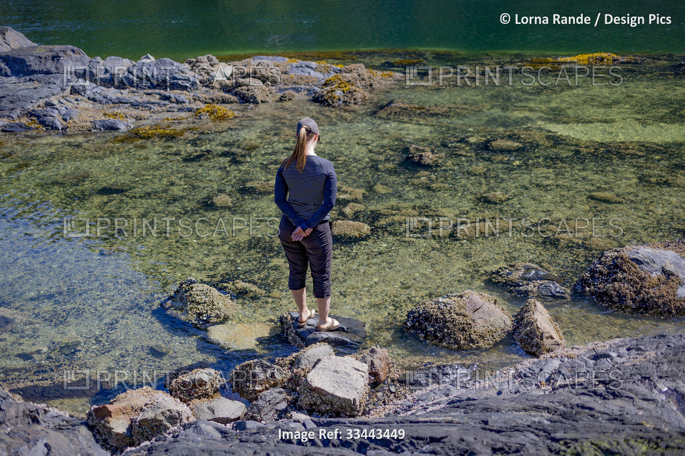 Woman stands looking at the water and rocky shoreline while exploring Twin ...