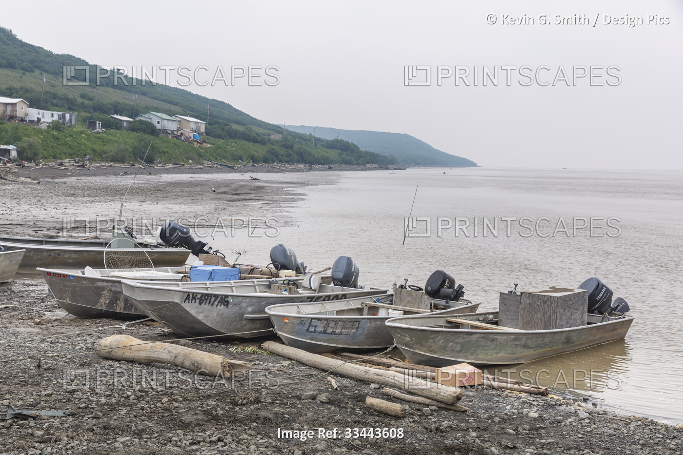 Yukon River fishing boats on the beach in Mountain Village, Western Alaska, ...