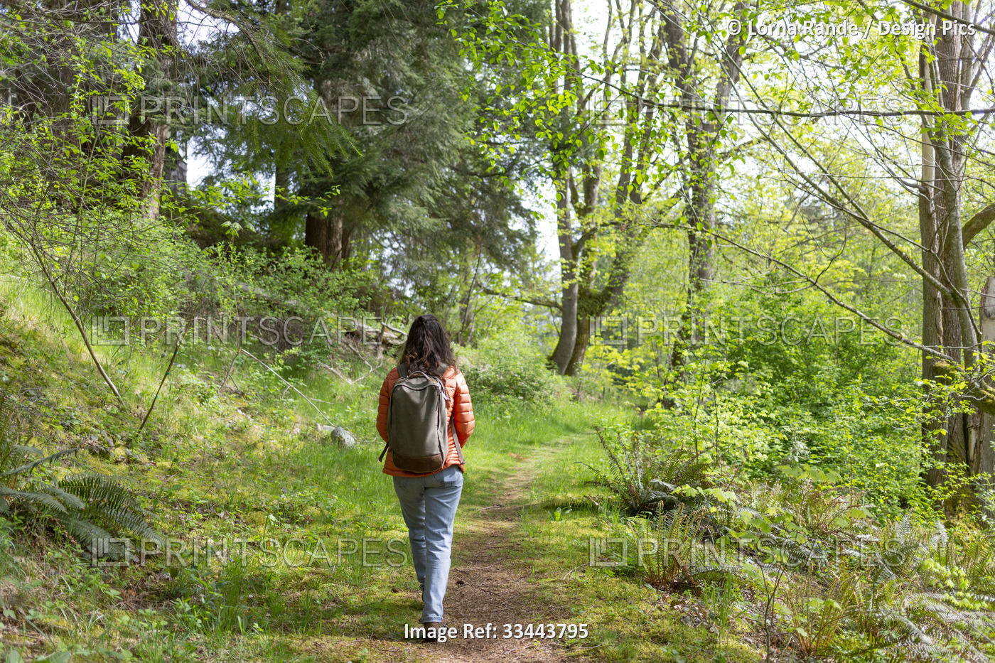 Woman walking through woods; Surrey, British Columbia, Canada