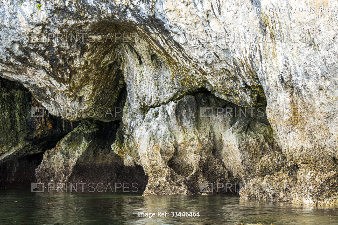 Crusty limestone rock formations created by ancient erosion along the shore of ...