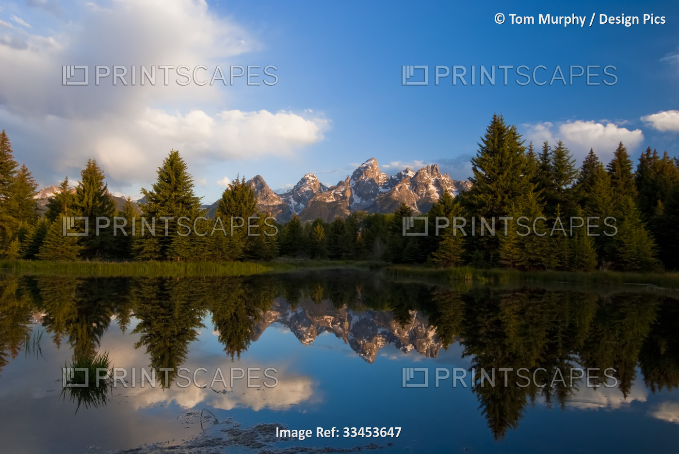 The Grand Tetons reflected in Snake River in Grand Teton National Park; ...