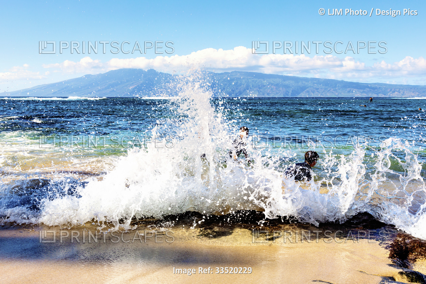 Two young boys playing in the large, breaking waves in the ocean on Kapalua ...