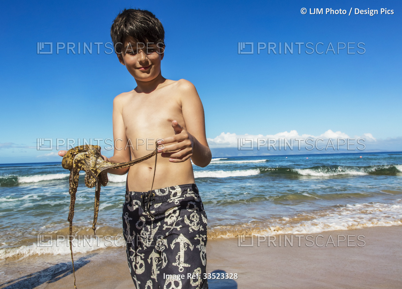 A young boy stands on Ka'anapali Beach at the water's edge holding an octopus; ...