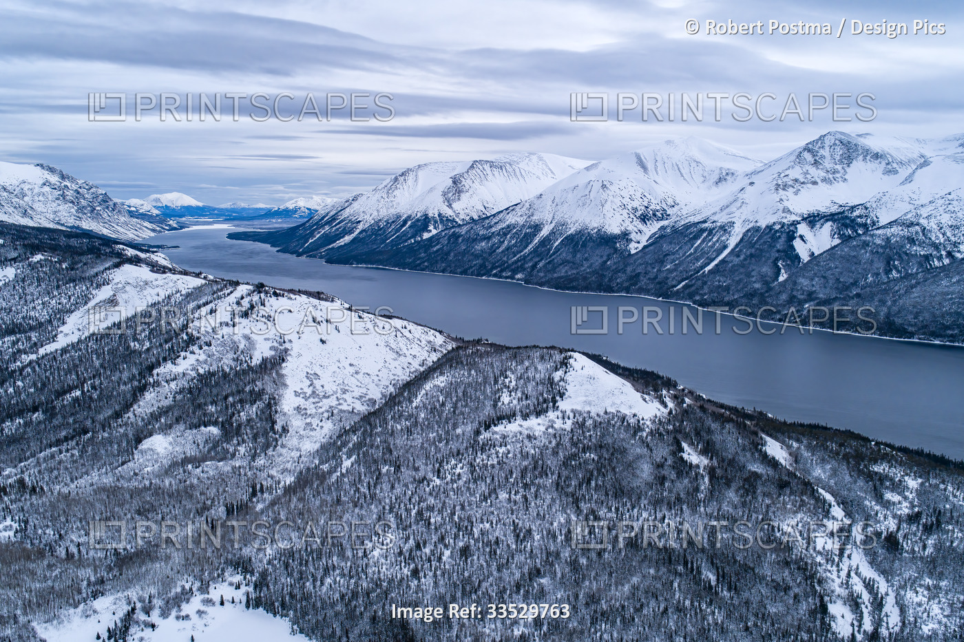 Aerial landscape image of Tutshi Lake on a grey day with dramatic clouds with ...