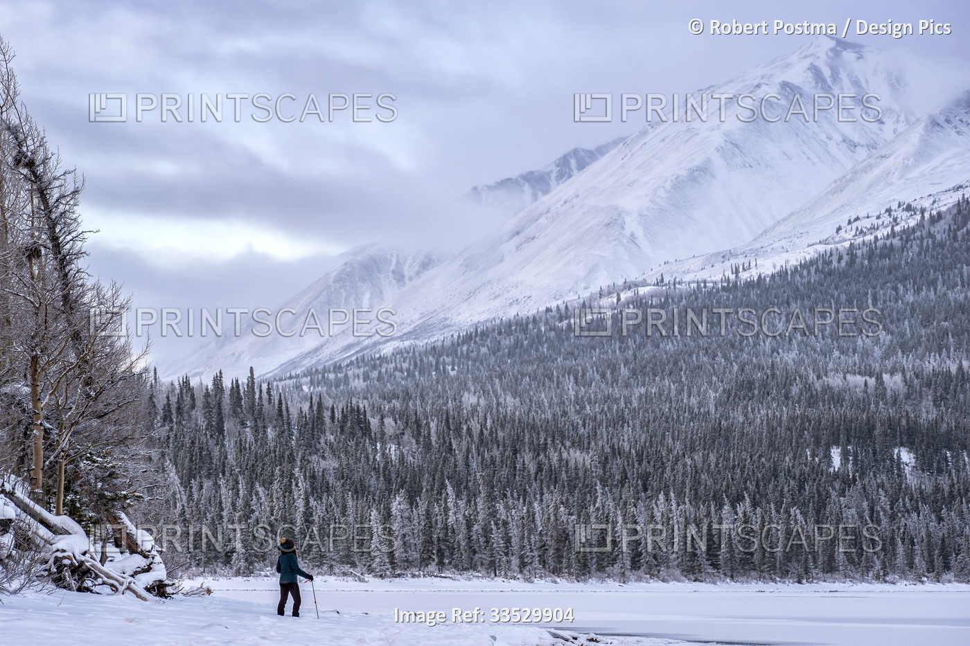 Woman standing on the frozen shoreline of Kathleen Lake looking out at snow ...