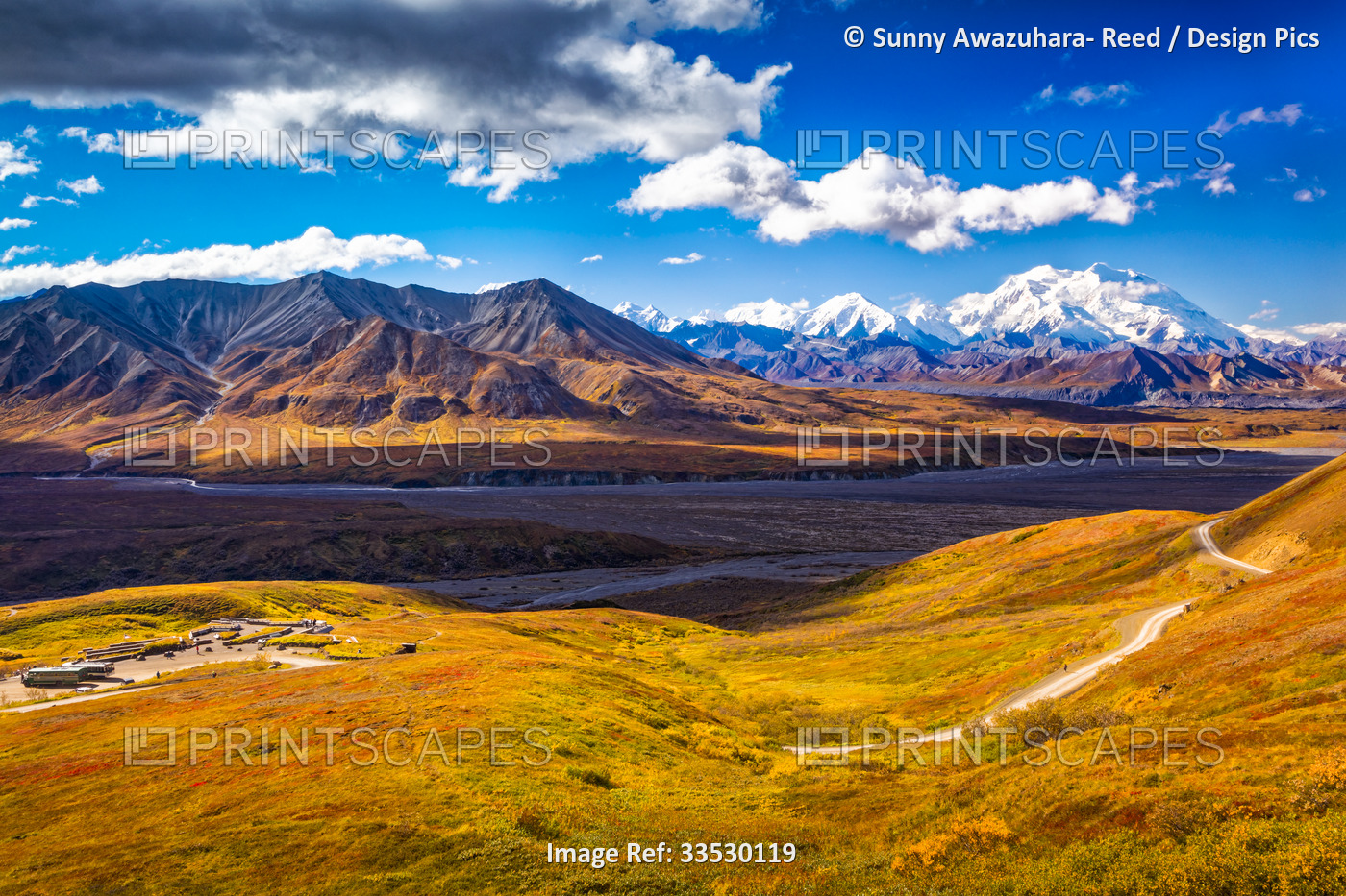 View of Mount Denali (McKinley), Mount Eielson and Eielson Visitor Center with ...