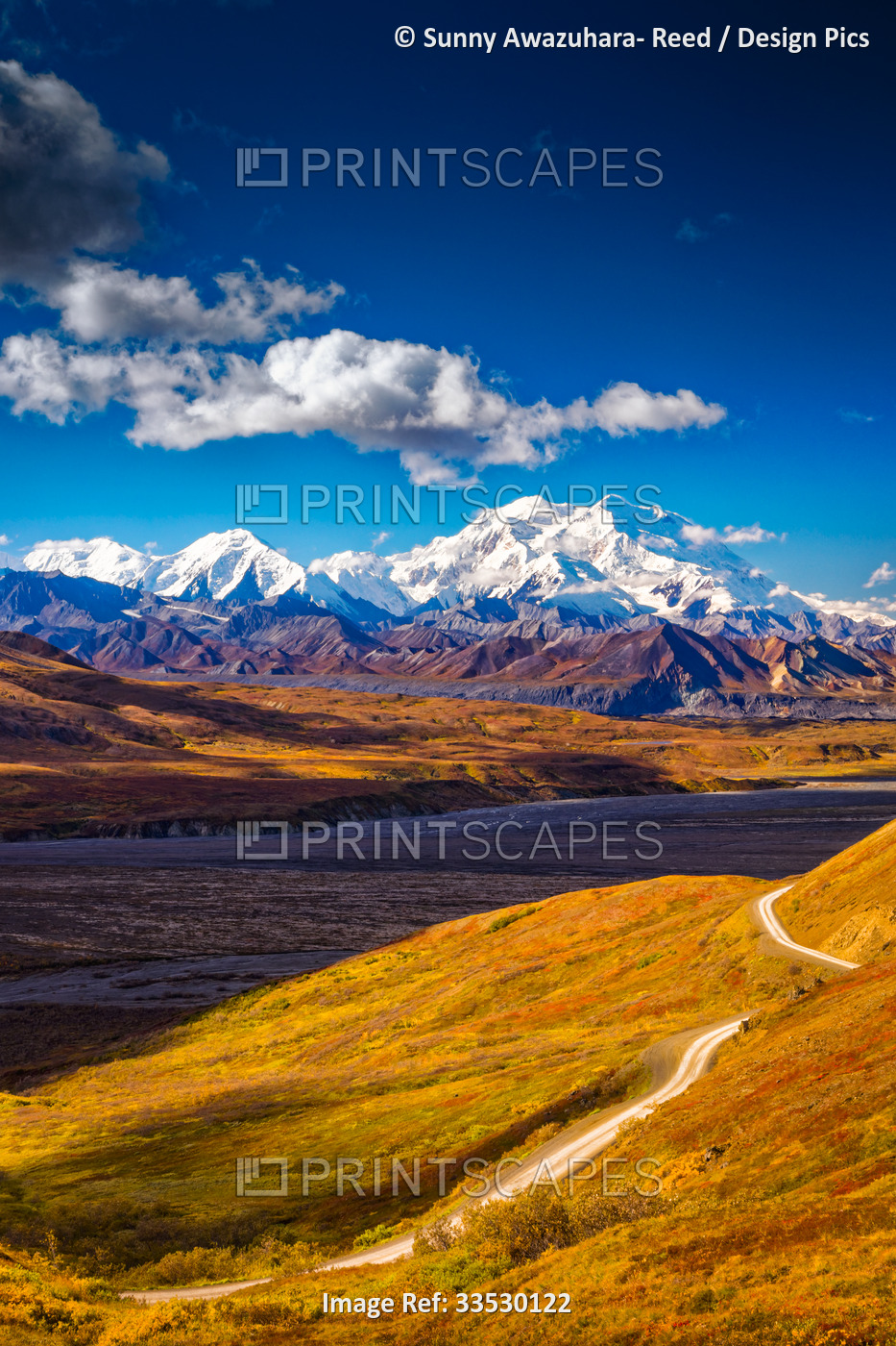 Mount Denali (McKinley), viewed from above Eielson Area with Park Road and fall ...