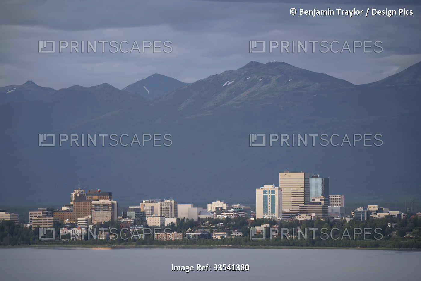 Shot of Anchorage, Alaska, taken from the airport bluffs with the Chugach ...